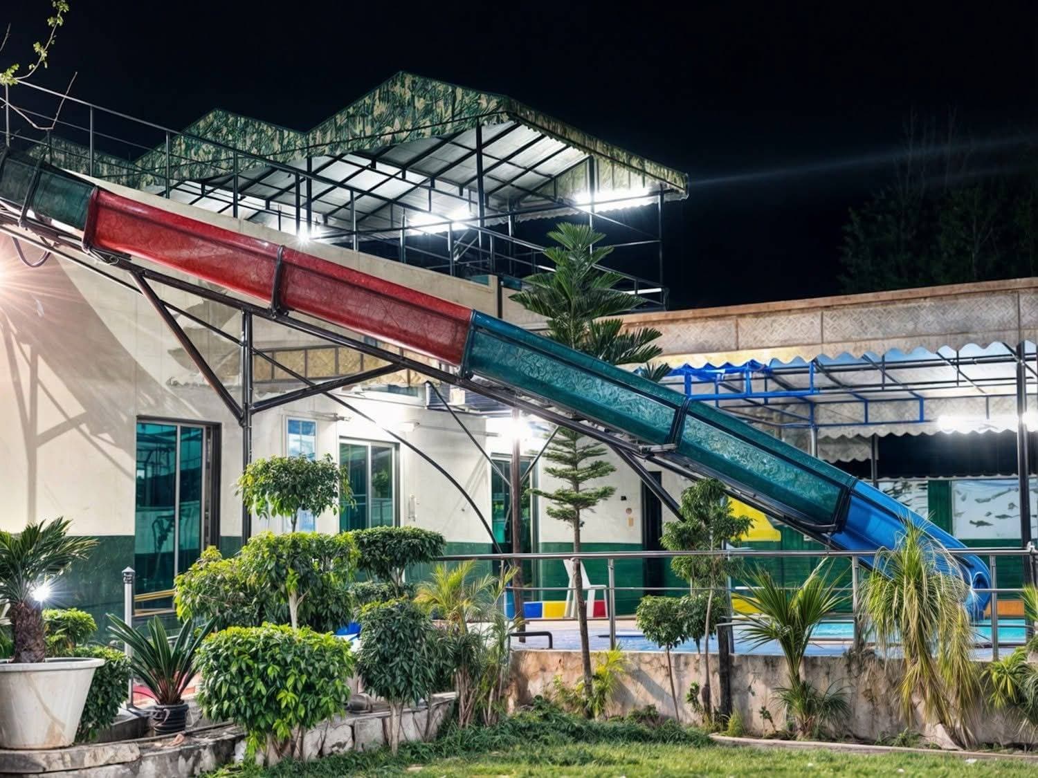 Water slide at night